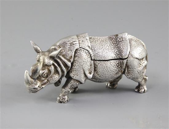 A Victorian novelty silver box, modelled as a rhinoceros, by John Septimus Beresford, 5.5 oz.